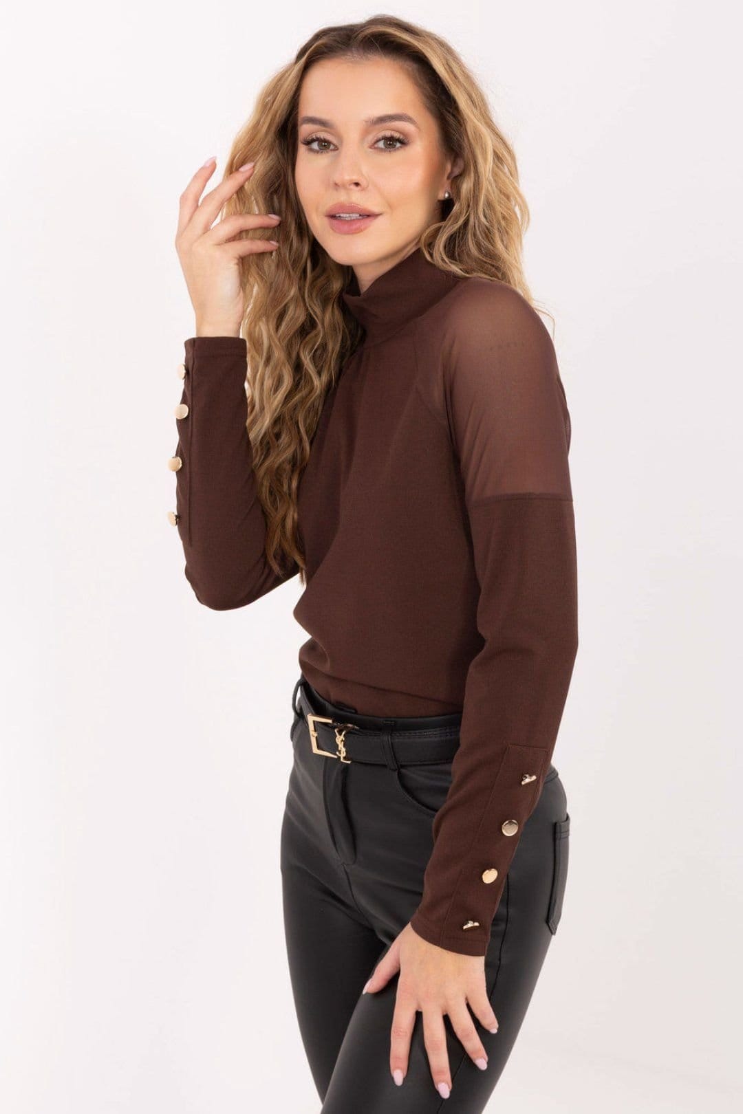 Love Lace Love Lace Women's Elegant Long Sleeve Blouse with Mesh Shoulders in Brown - 4