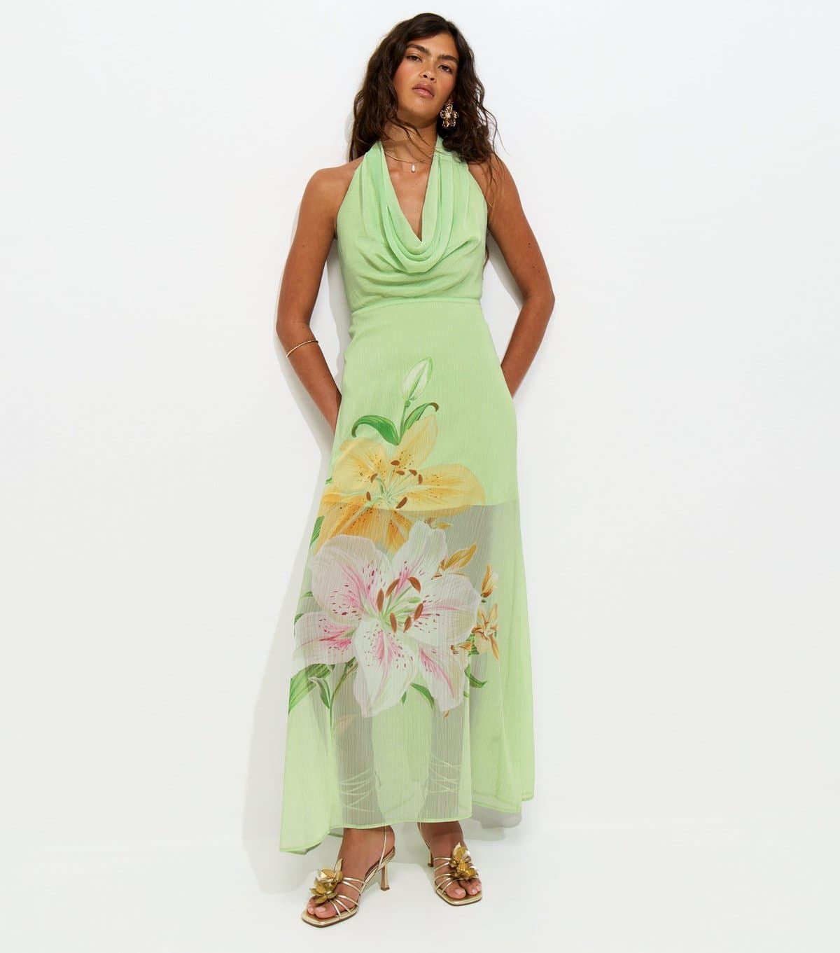 New Look Women's Green Lotus Print Cowl Neck Halter Midi Dress New Look