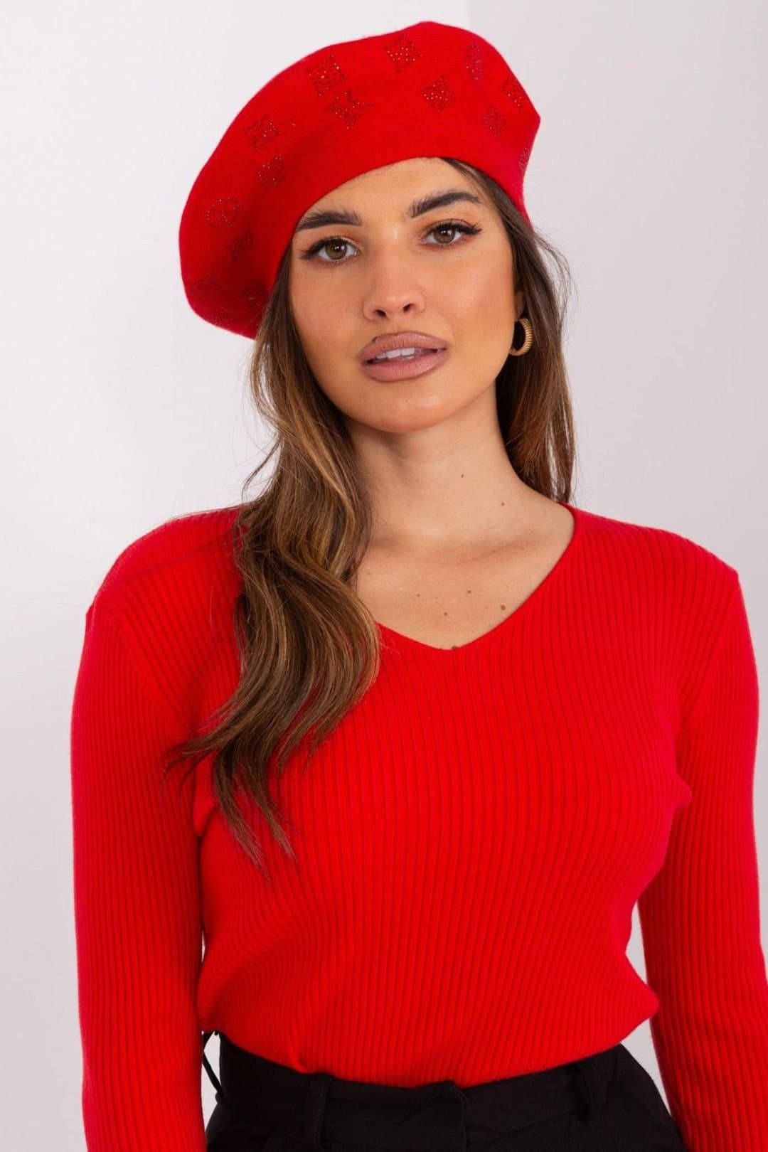 Love Lace Love Lace Red Felt Beret Hat with Rhinestones