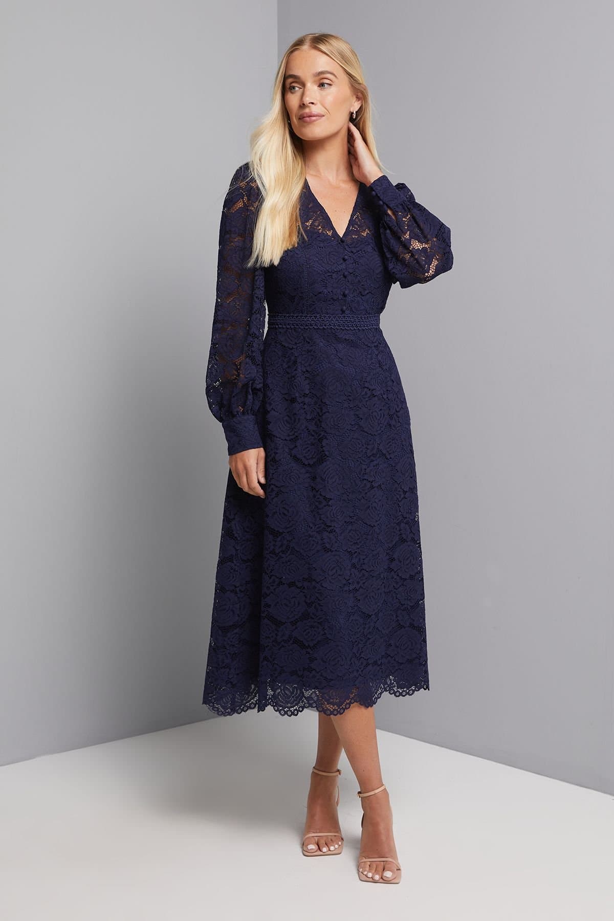 Wallis Wallis Women's Petite Lace Fit & Flare Midi Dress in Navy