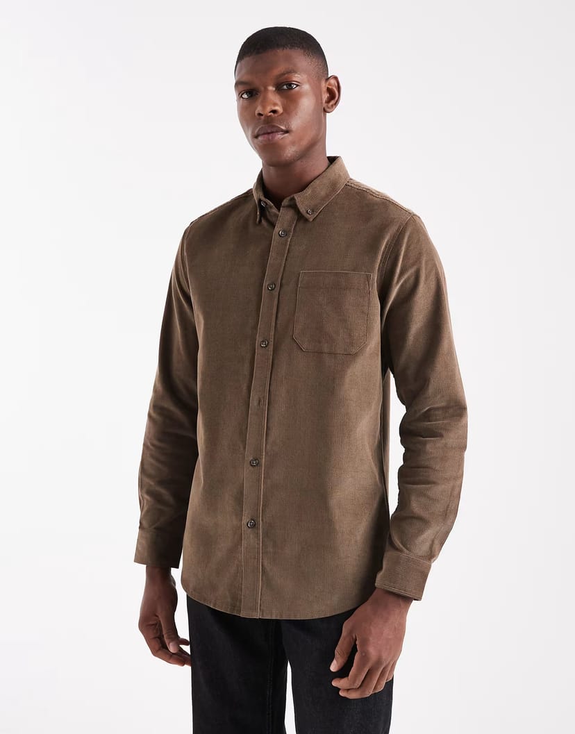 ASOS Threadbare fine cord button down shirt in brown - 1