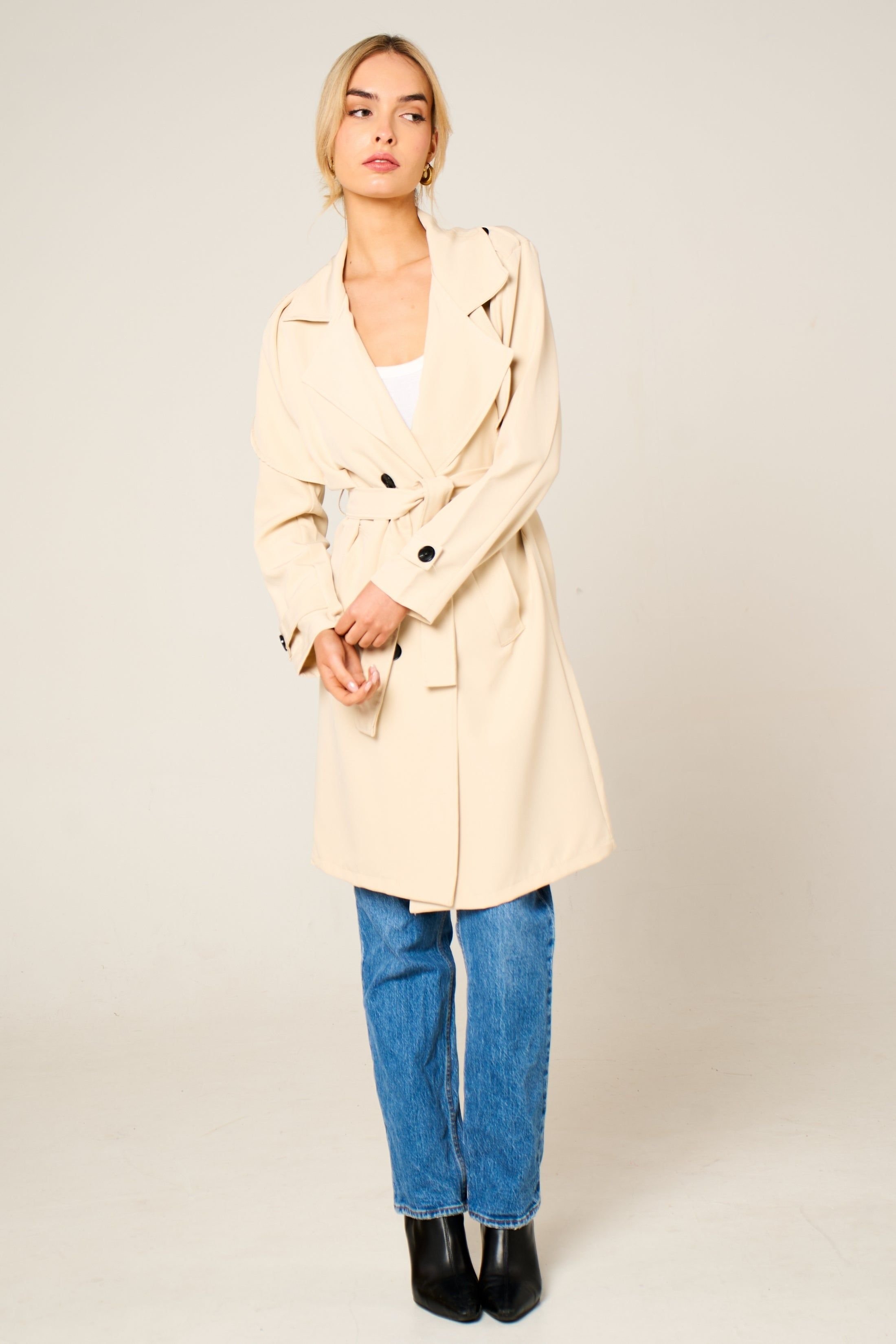 Femme Luxe Femme Luxe Women's Double Breasted Longline Trench Coat in Beige - 2