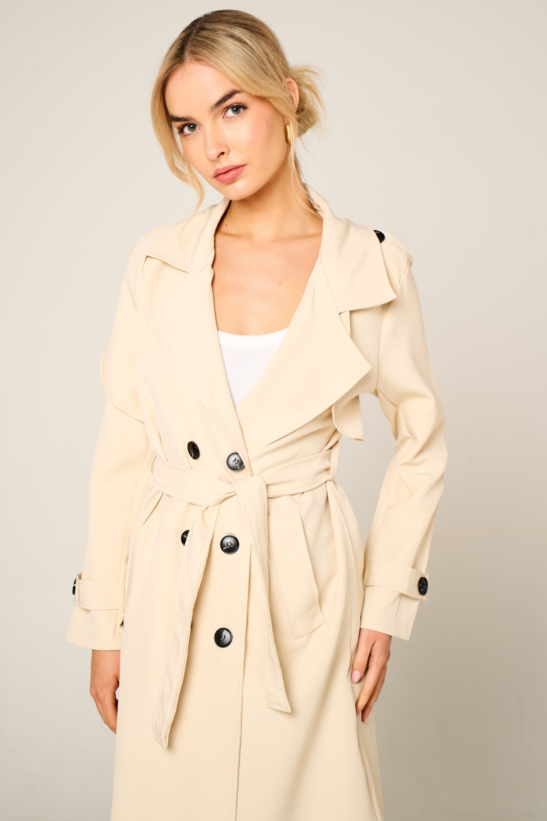 Femme Luxe Femme Luxe Women's Double Breasted Longline Trench Coat in Beige - 3