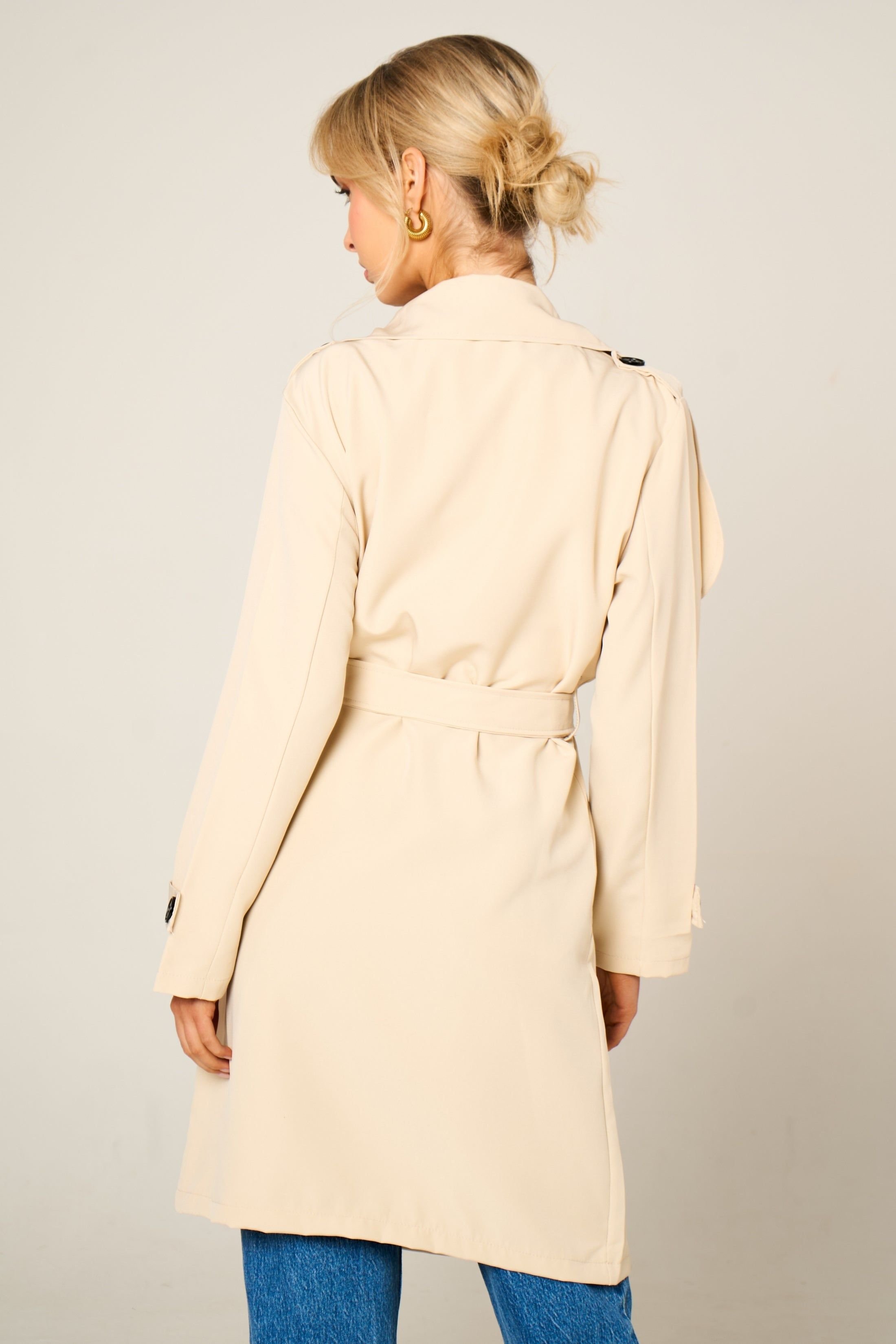 Femme Luxe Femme Luxe Women's Double Breasted Longline Trench Coat in Beige - 4