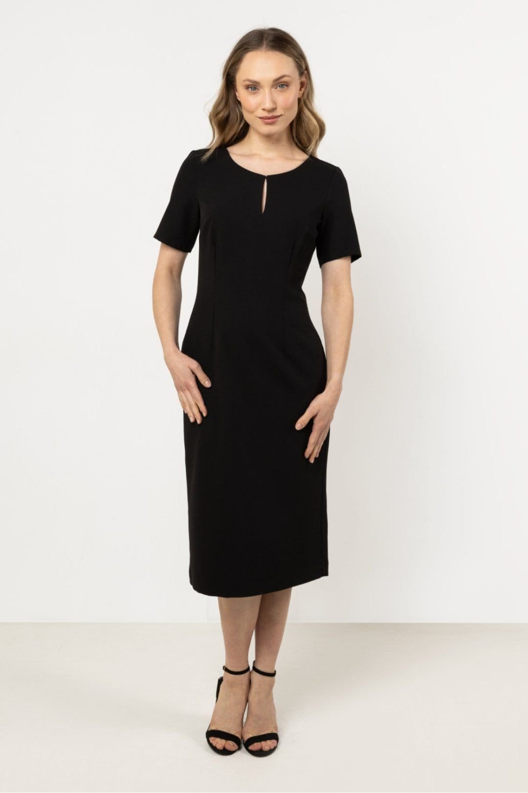 Love Lace Love Lace Women's Fitted Boat Neck Short Sleeve Dress with Slit in Black - 1