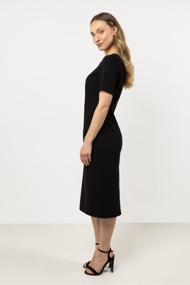Love Lace Love Lace Women's Fitted Boat Neck Short Sleeve Dress with Slit in Black - 2