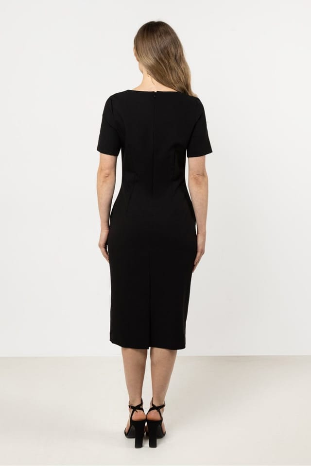Love Lace Love Lace Women's Fitted Boat Neck Short Sleeve Dress with Slit in Black - 3