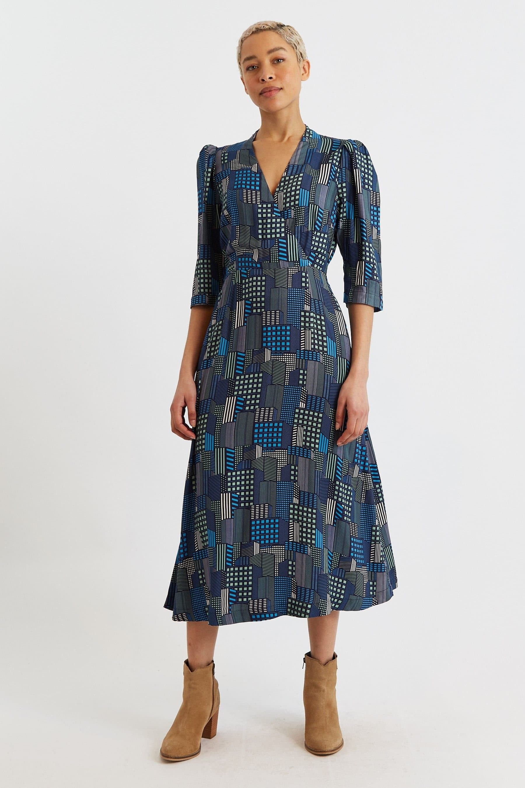 Louche Louche Women's Metea Geo City Print Faux Wrap Midi Dress in Blue