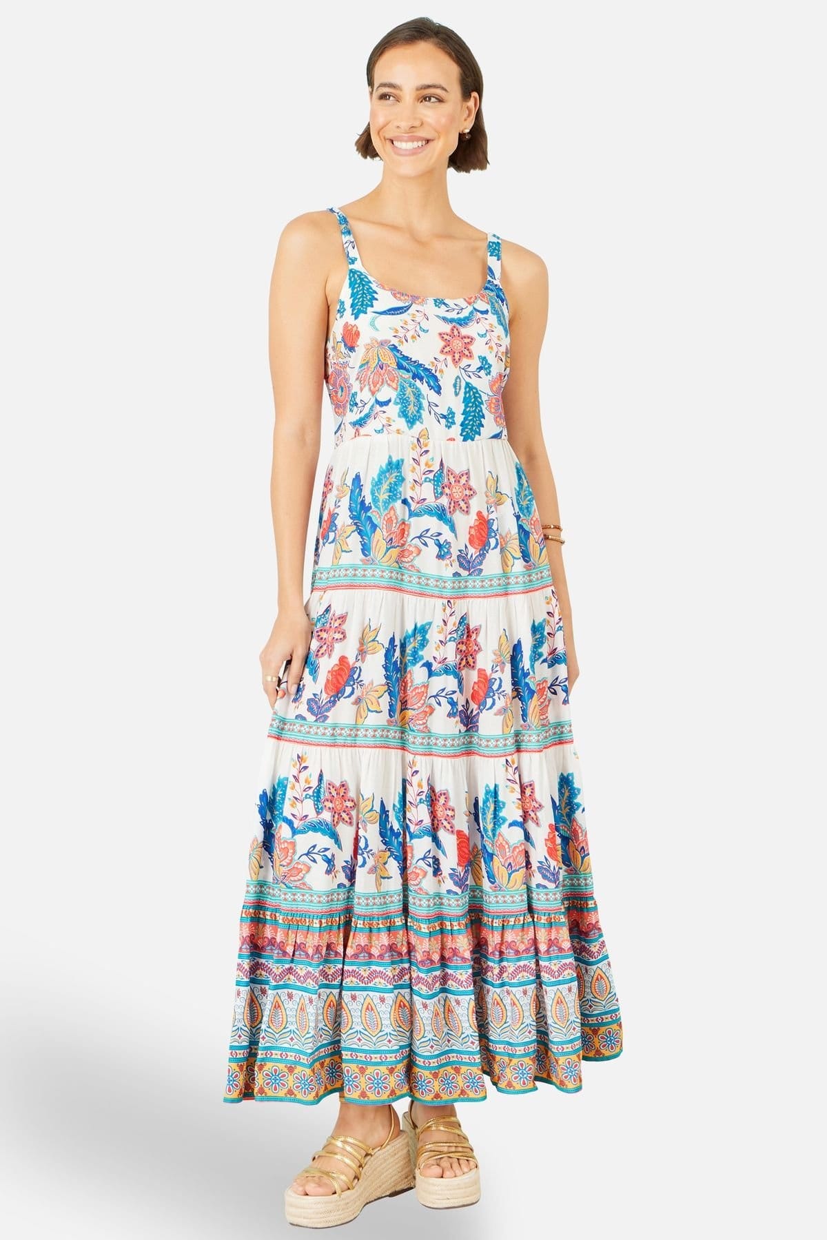Yumi Yumi Women's White Floral Block Print Tiered Maxi Sun Dress in Turquoise - 1