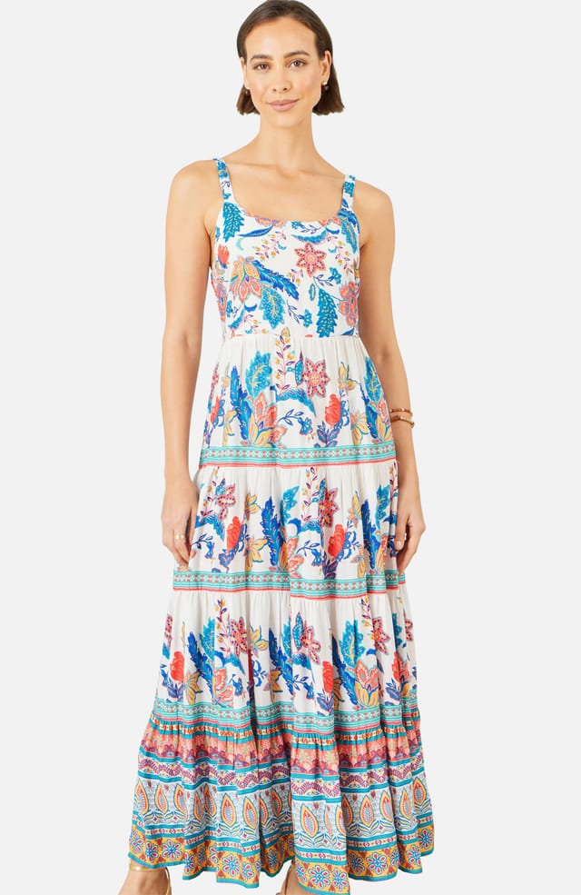 Yumi Yumi Women's White Floral Block Print Tiered Maxi Sun Dress in Turquoise - 2