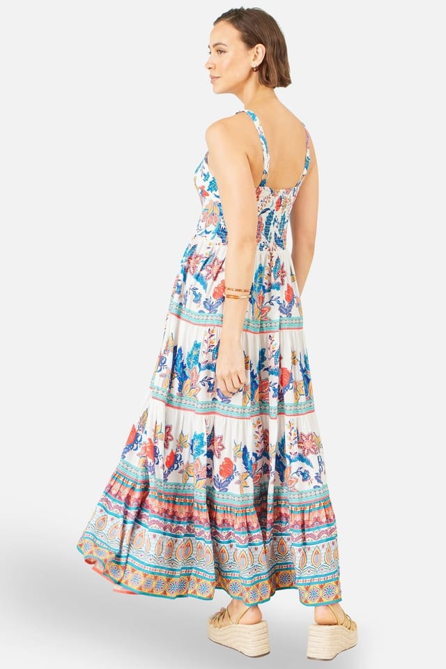 Yumi Yumi Women's White Floral Block Print Tiered Maxi Sun Dress in Turquoise - 3