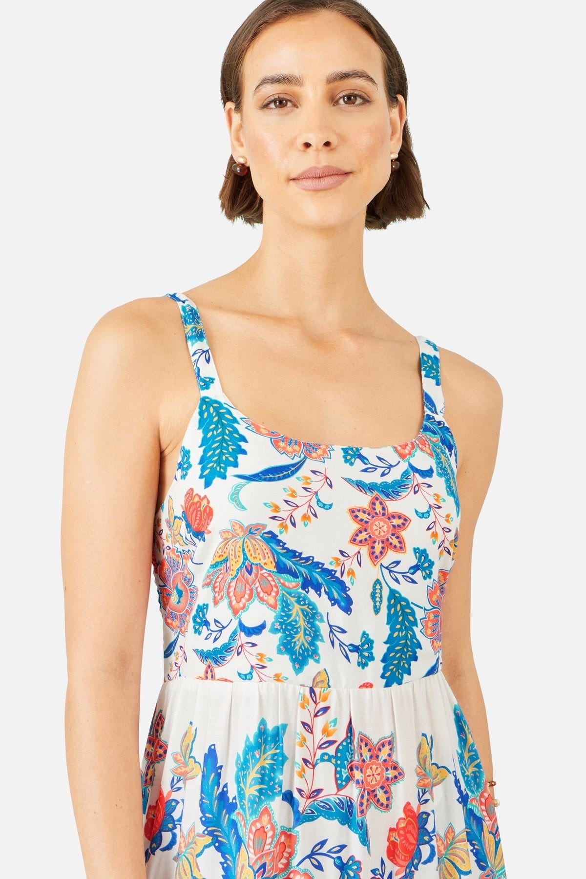 Yumi Yumi Women's White Floral Block Print Tiered Maxi Sun Dress in Turquoise - 4