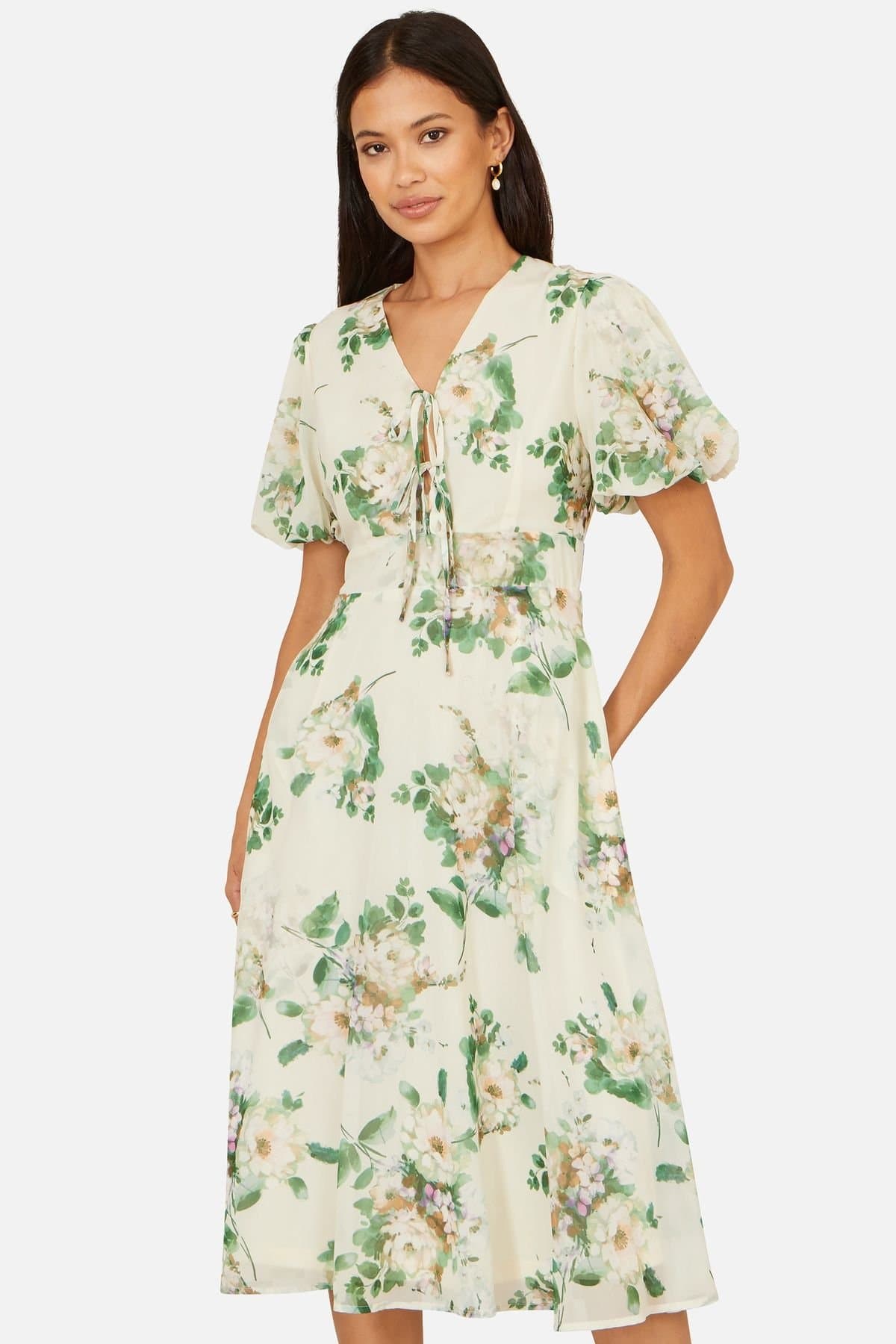 Yumi Yumi Women's Ivory Floral Tea Dress With Front Ties in Warm White