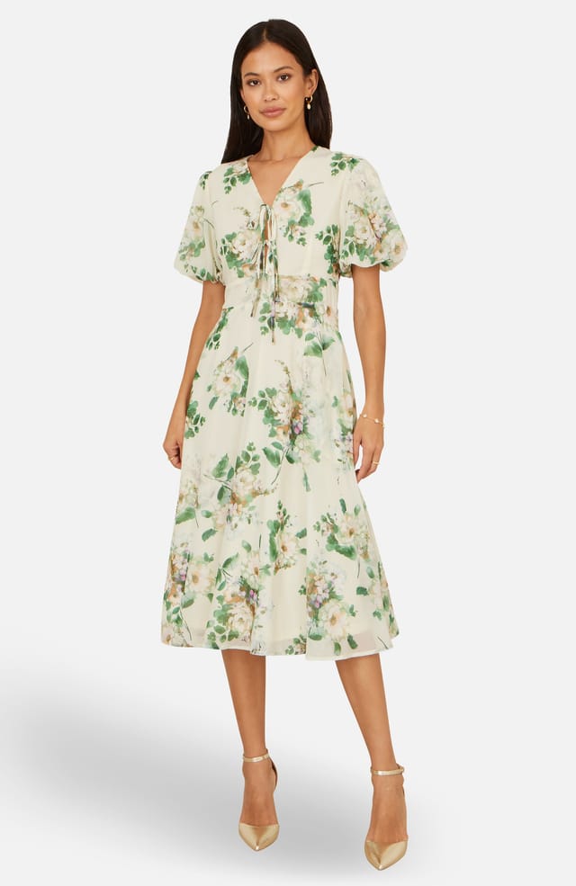 Yumi Yumi Women's Ivory Floral Tea Dress With Front Ties in Warm White - 2