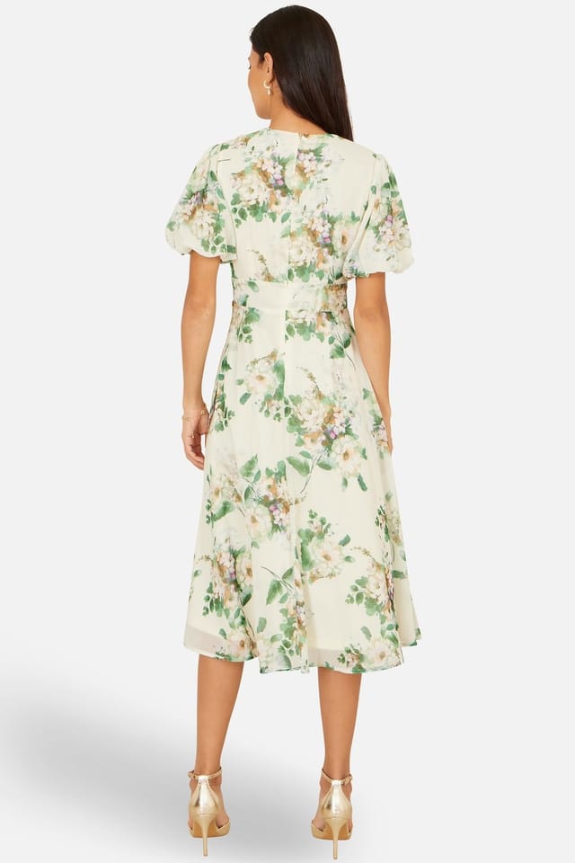Yumi Yumi Women's Ivory Floral Tea Dress With Front Ties in Warm White - 3