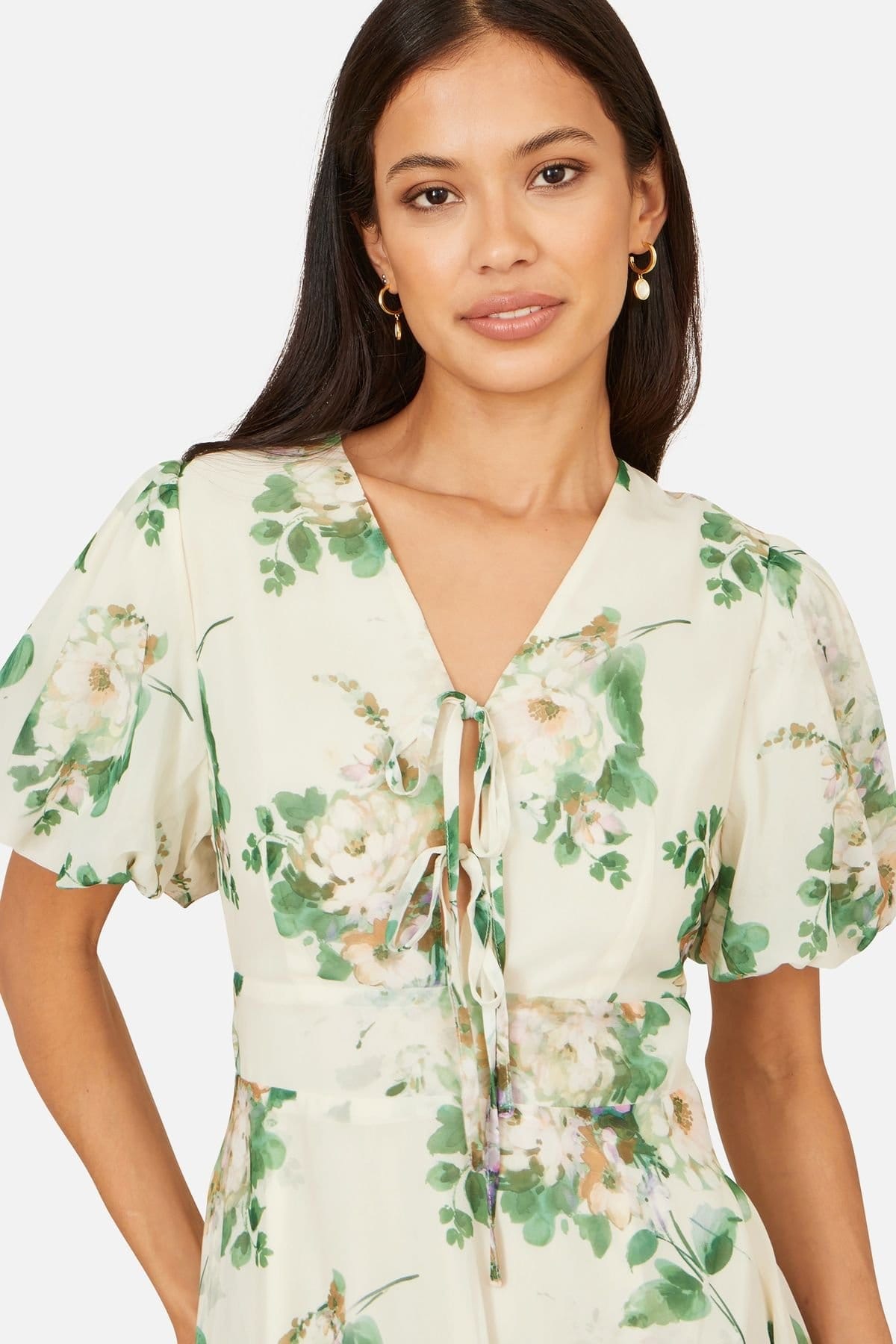 Yumi Yumi Women's Ivory Floral Tea Dress With Front Ties in Warm White - 4