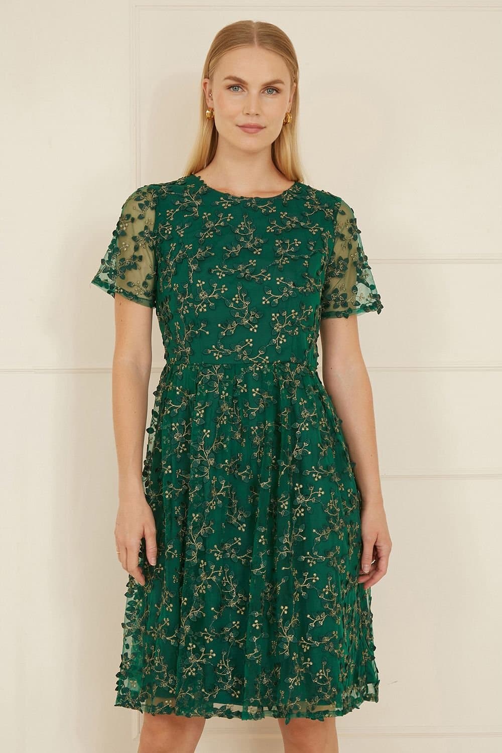 Yumi Yumi Women's Green Embroidered Floral Skater Dress