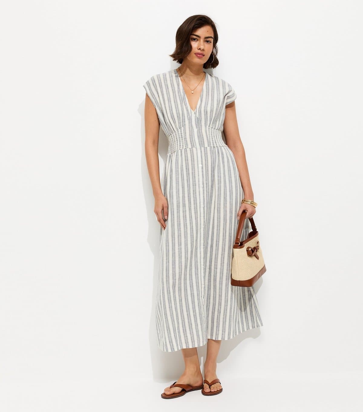 New Look Women's Blue Striped V-Neck Midi Dress New Look