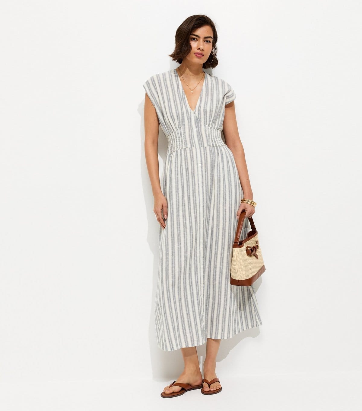 New Look Blue Striped V-Neck Midi Dress