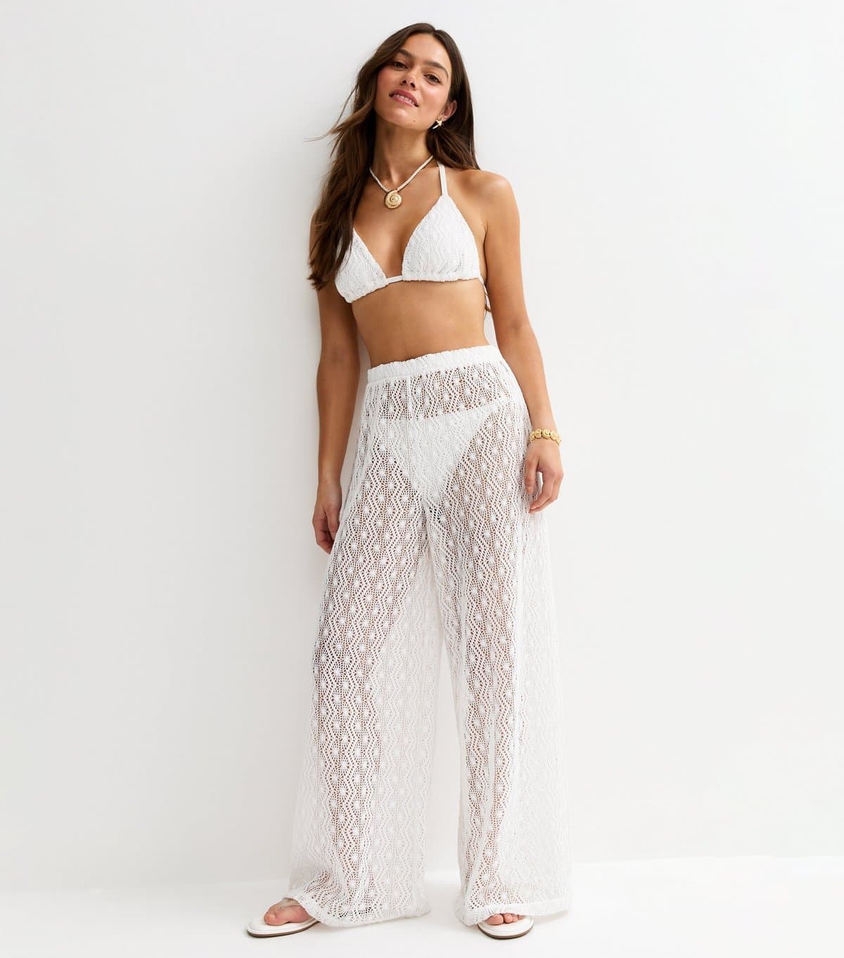 New Look Women's Petite White Crochet Beach Wide Leg Trouser New Look