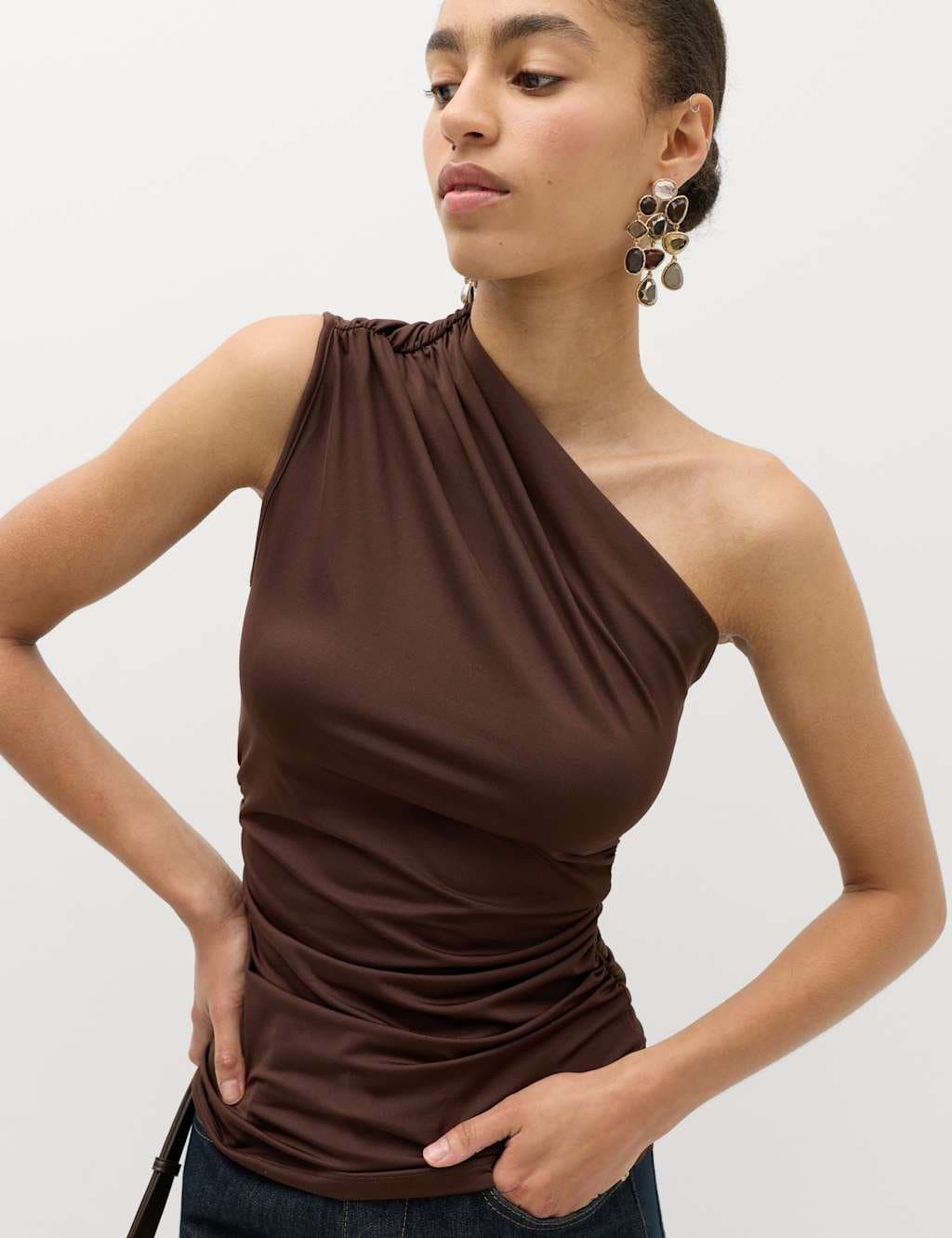 Marks & Spencer M&S One Shoulder Drape Top Chocolate