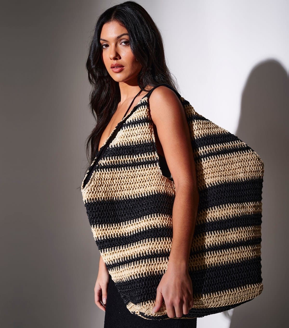 South Beach South Beach Black & Cream Stripe Oversized Straw Bag