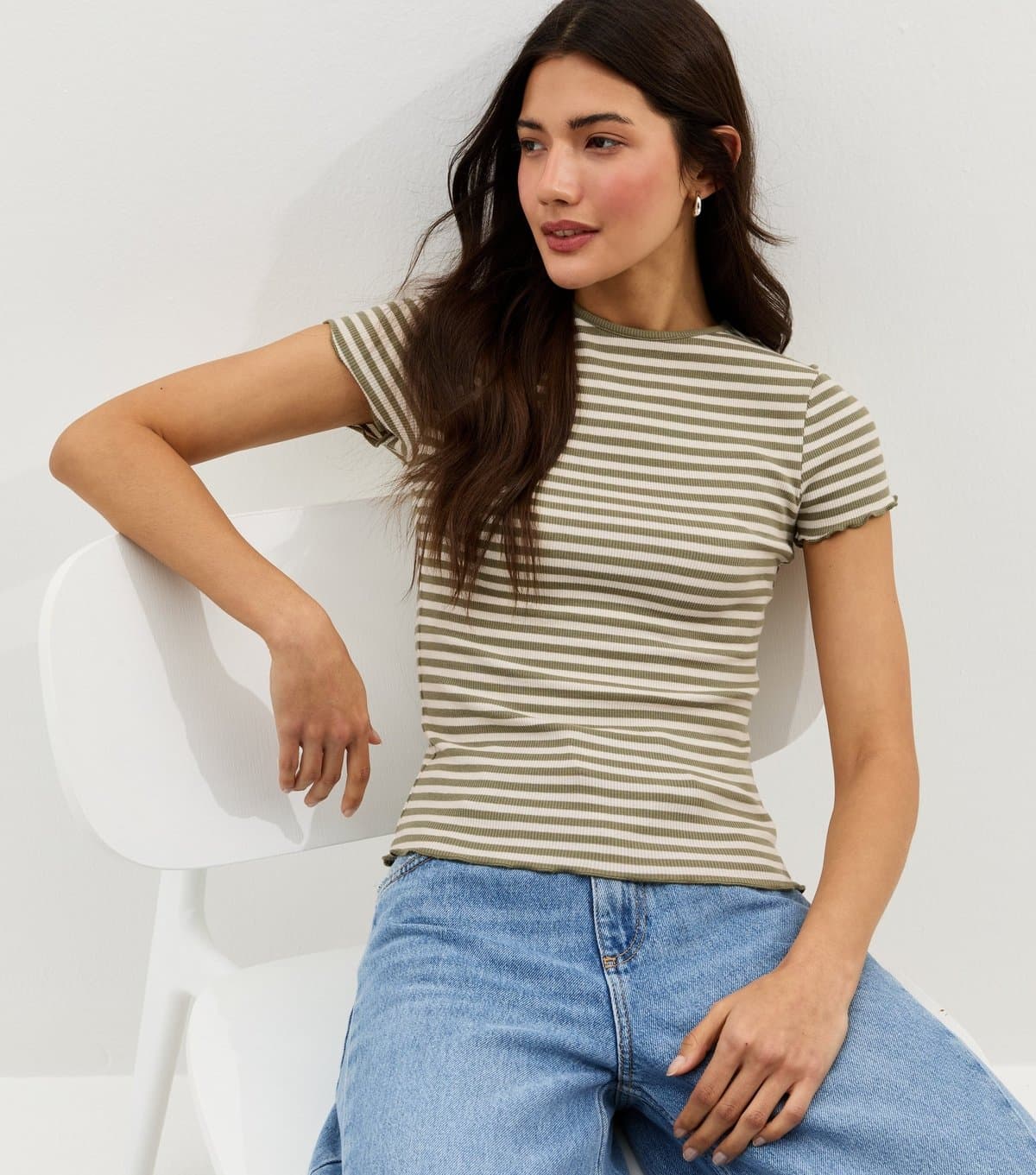 New Look Women's Green Striped Short Sleeve Top New Look