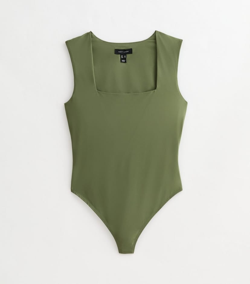 New Look Women's Dark Khaki Slinky Square Neck Sleeveless Bodysuit New Look - 1