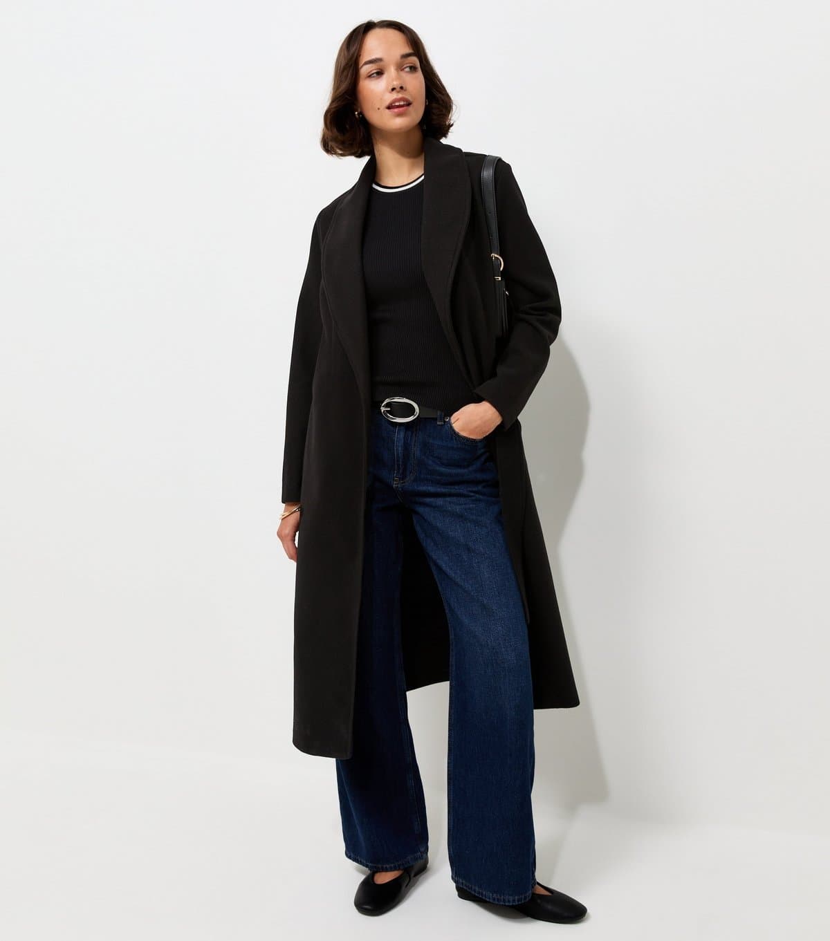 New Look Women's Black Shawl Collar Belted Wrap Coat New Look