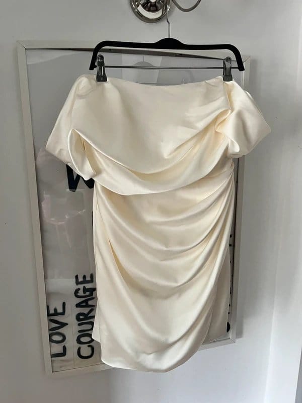 ASOS Design ASOS Design Satin off the shoulder mini dress in ivory size 18#wedding, hen, bride - 1
