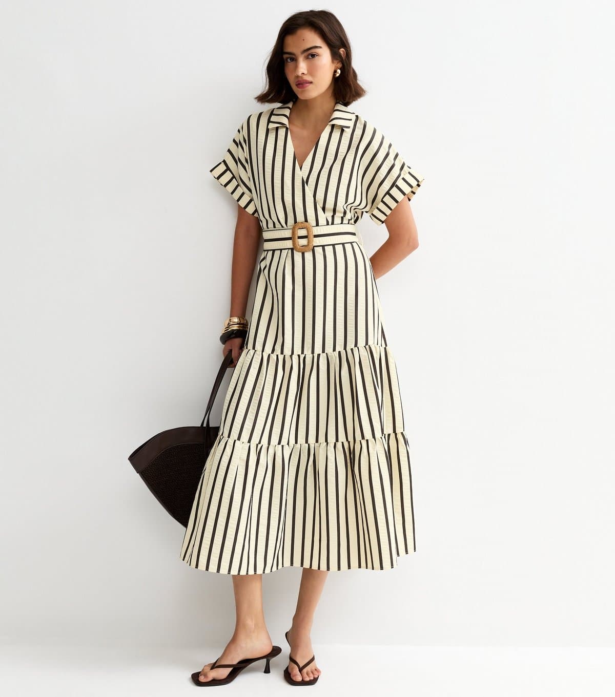 New Look Women's Cream Stripe Shirt Raffia Buckle Midi Dress New Look