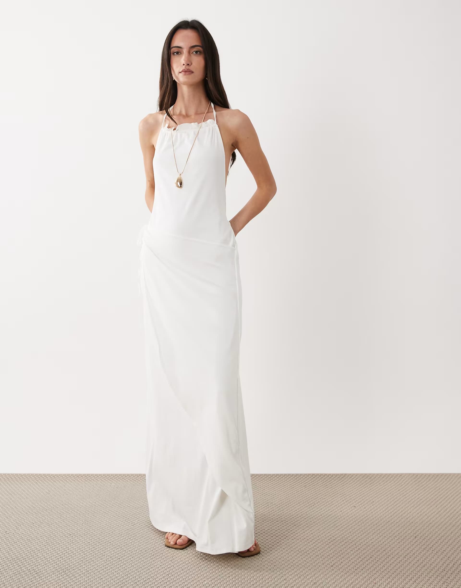 ASOS SNDYS cotton blend halterneck low back side drape detail maxi dress in off white