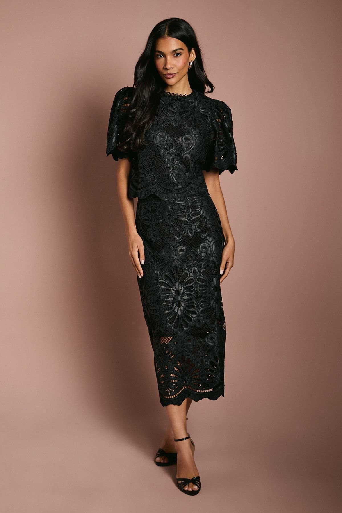 Coast Coast Women's PU Lace Midi Skirt in Black