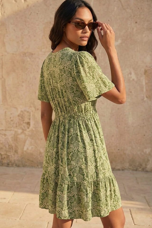 Dusk Dusk Women's Abstract Lace Trim Dress in Green - 3