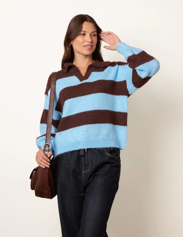 Blue Vanilla Polo Collar Striped Long Sleeve Jumper - 3