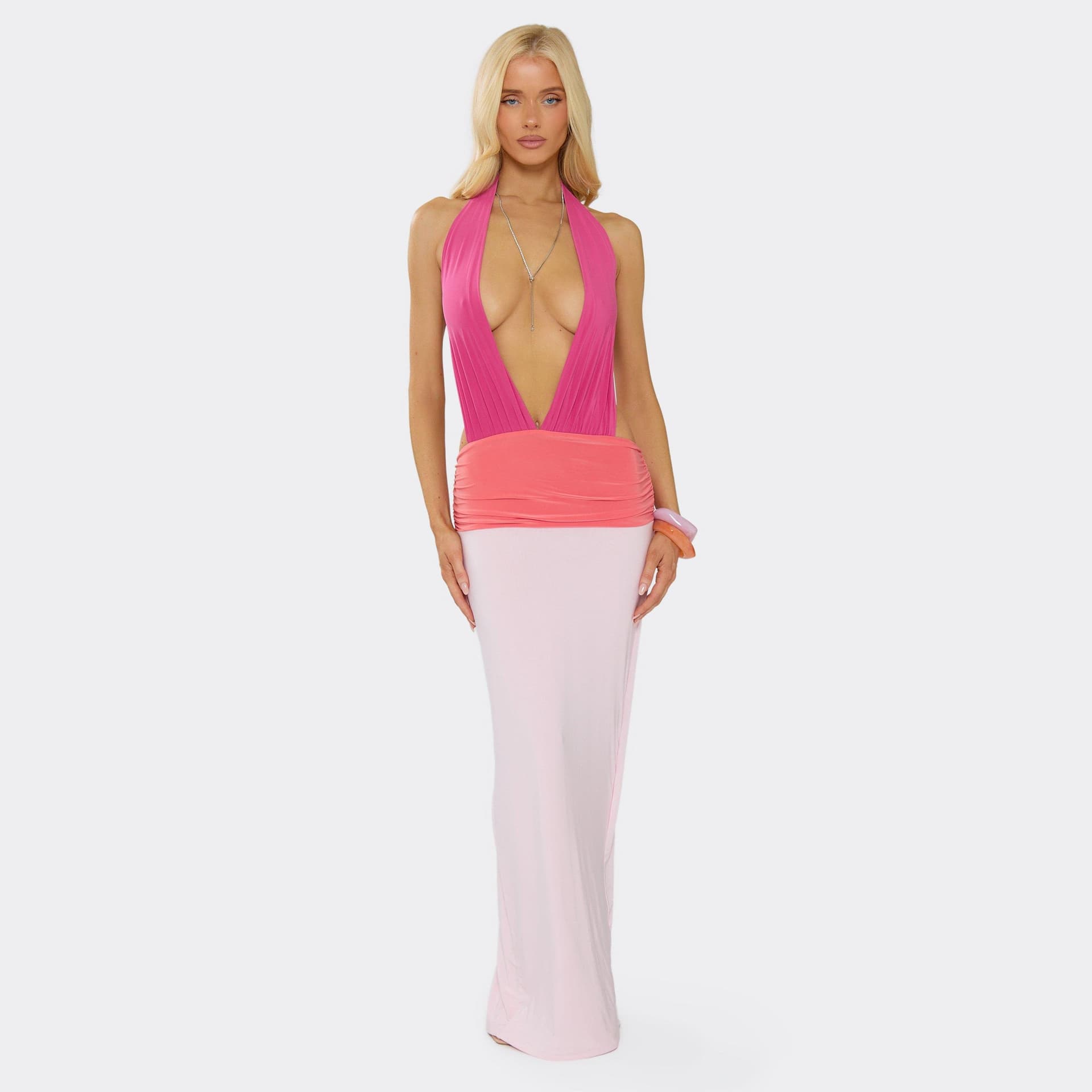EGO Plunge Halterneck Contrast Detail Maxi Dress In Pink, Women's Size UK 6