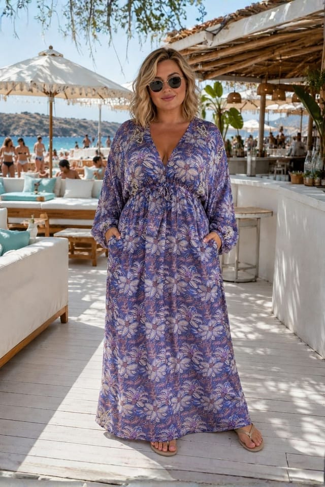 Soul of Sita Soul of Sita Women's Caz Kaftan Long in Lilac, Leaf Print with Hand Embellishment in Lilac - 2