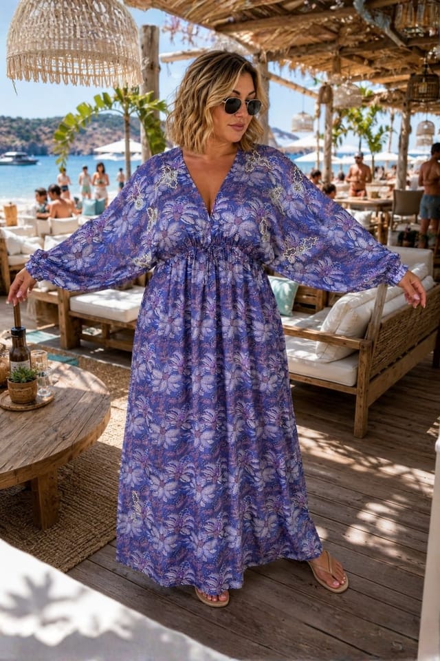 Soul of Sita Soul of Sita Women's Caz Kaftan Long in Lilac, Leaf Print with Hand Embellishment in Lilac - 3
