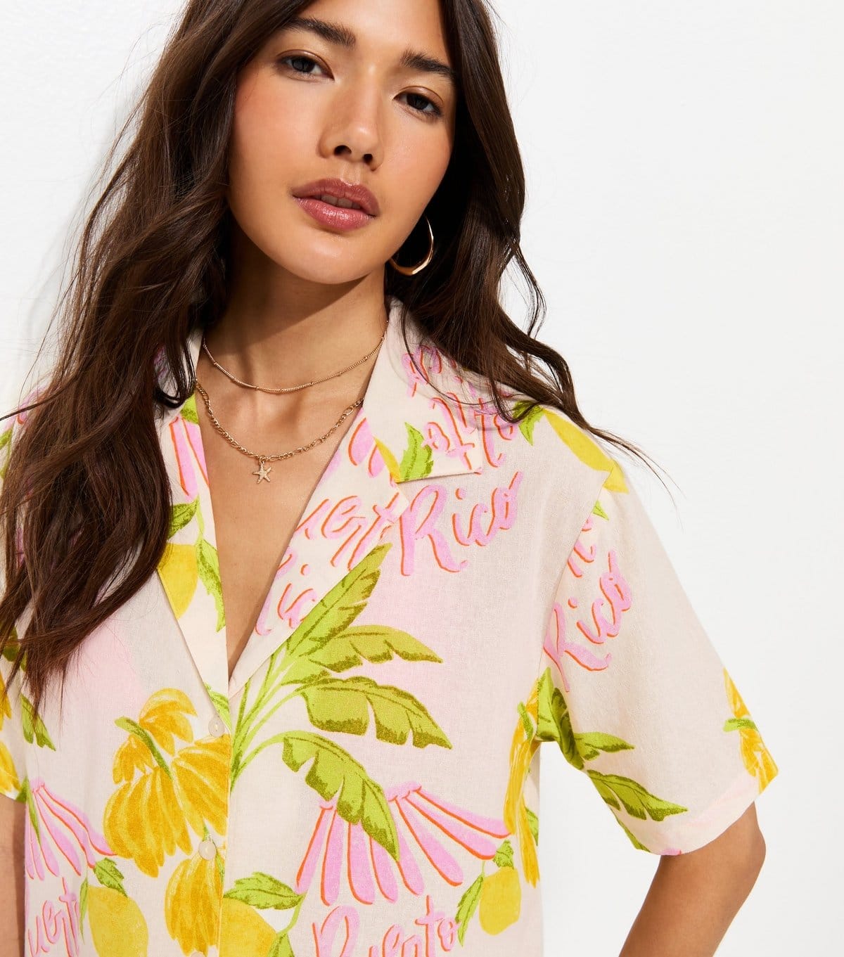 New Look Cream Palm Print Shirt