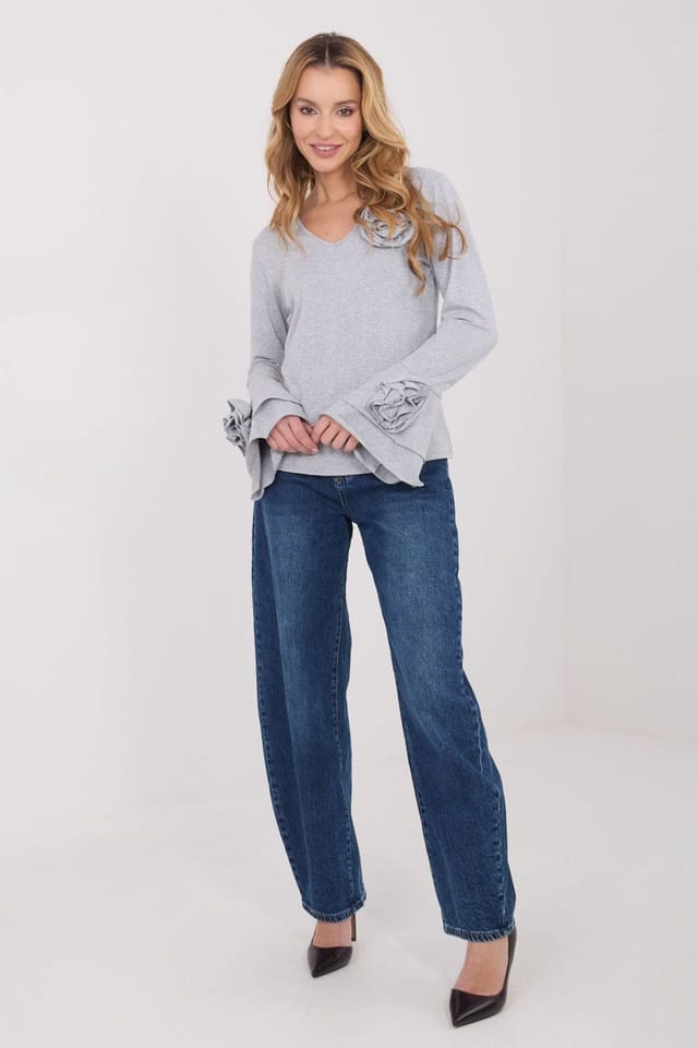 Love Lace Love Lace Women's Elegant Cotton V Neck Bell Sleeve Blouse in Grey - 2