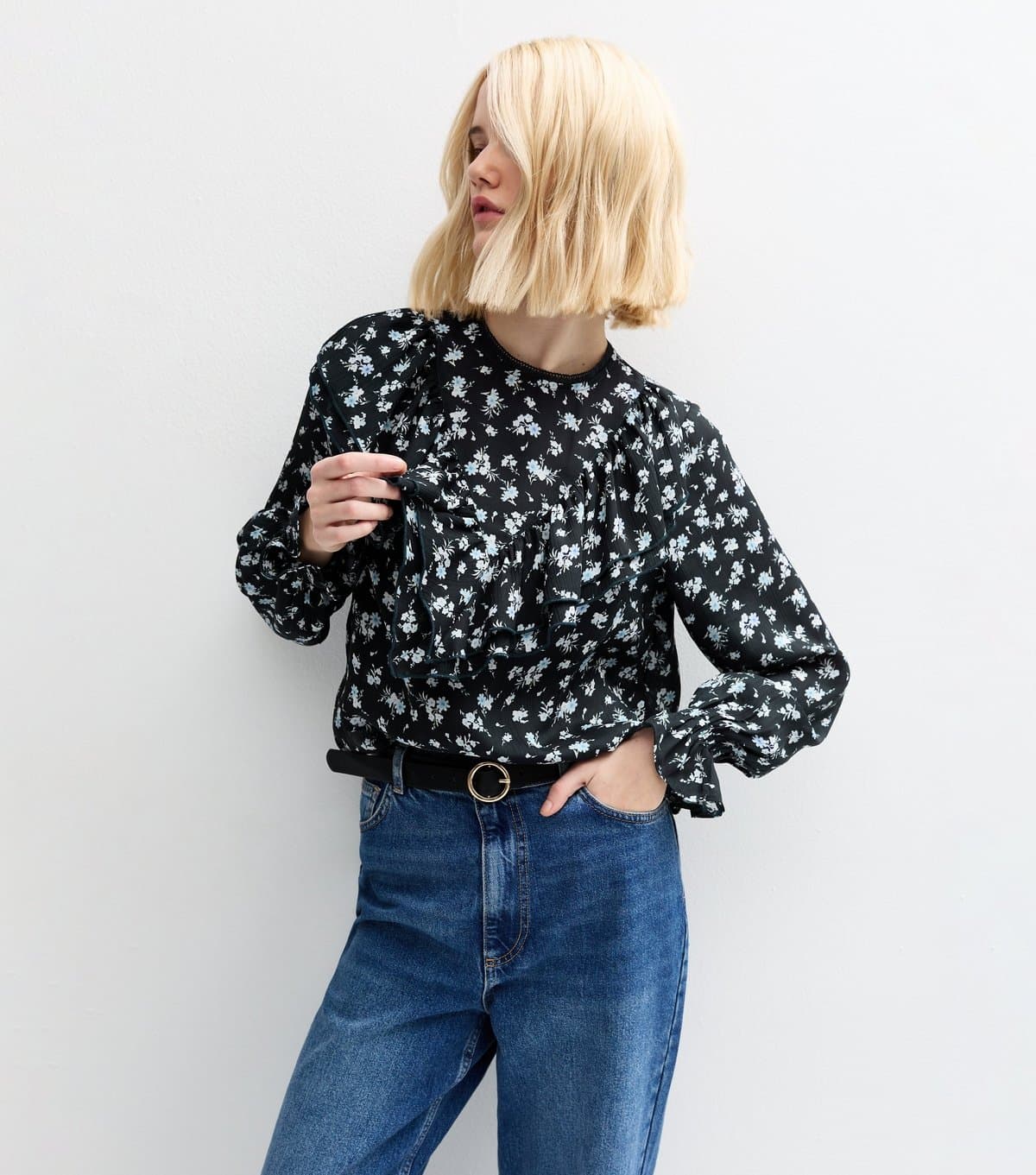 New Look Women's Blue Floral Print Frill Yoke Blouse New Look