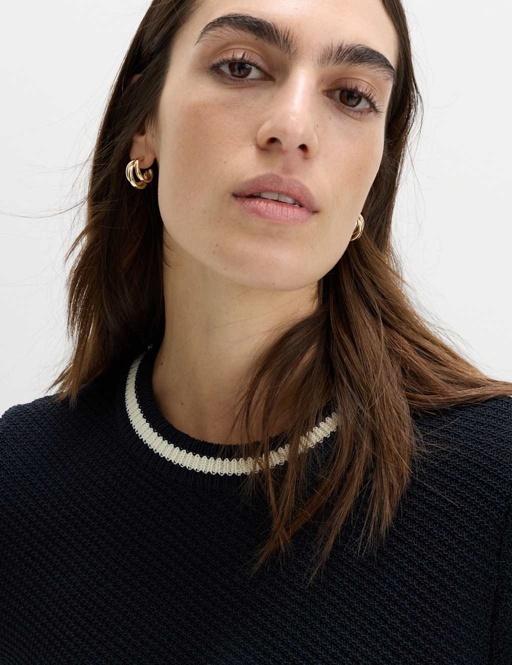 Marks & Spencer M&S Cotton Rich Tipped Detail Knitted Top Midnight Navy - 2