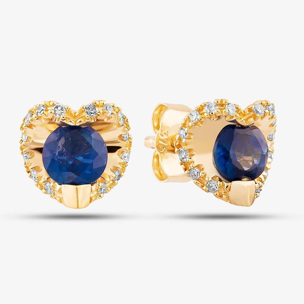 T.H.Baker T.H.Baker Women's 9ct Yellow Gold 0.08ct Diamond & Sapphire Heart Stud Earrings PE20239