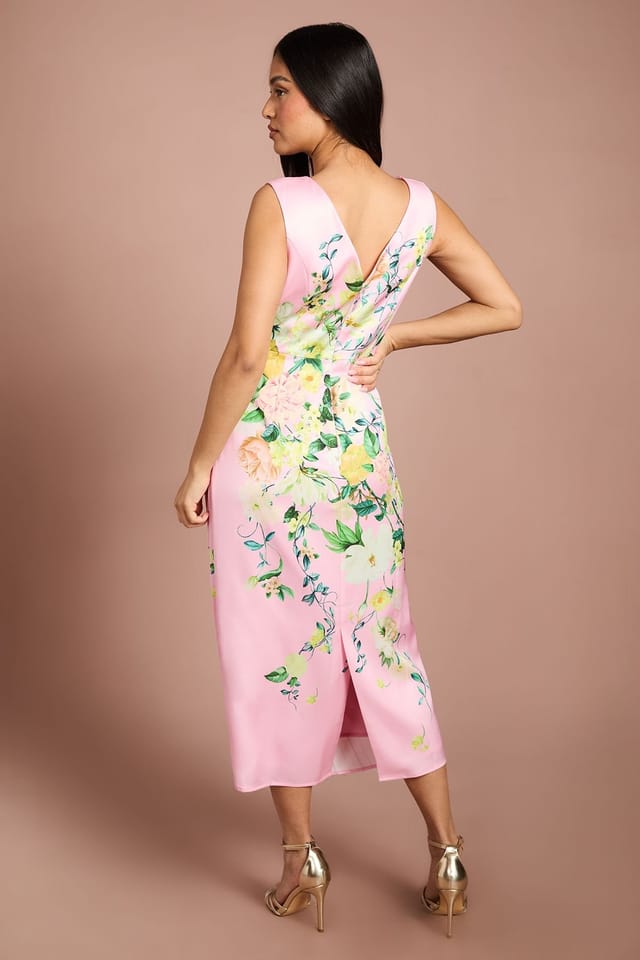 Coast Coast Women's Petite Lisa Tan Pleated Floral Midi Dress With Pleat Detail in Blush - 3