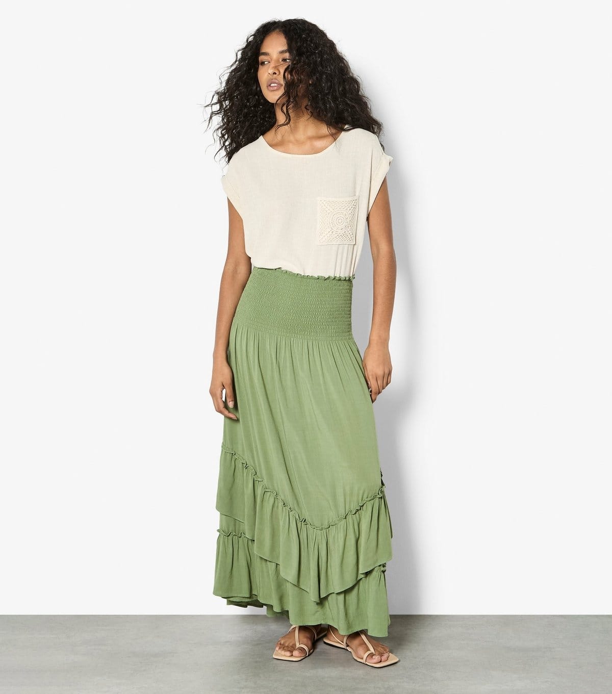 Apricot Light Green Shirred 2-in-1 Midi Skirt Dress
