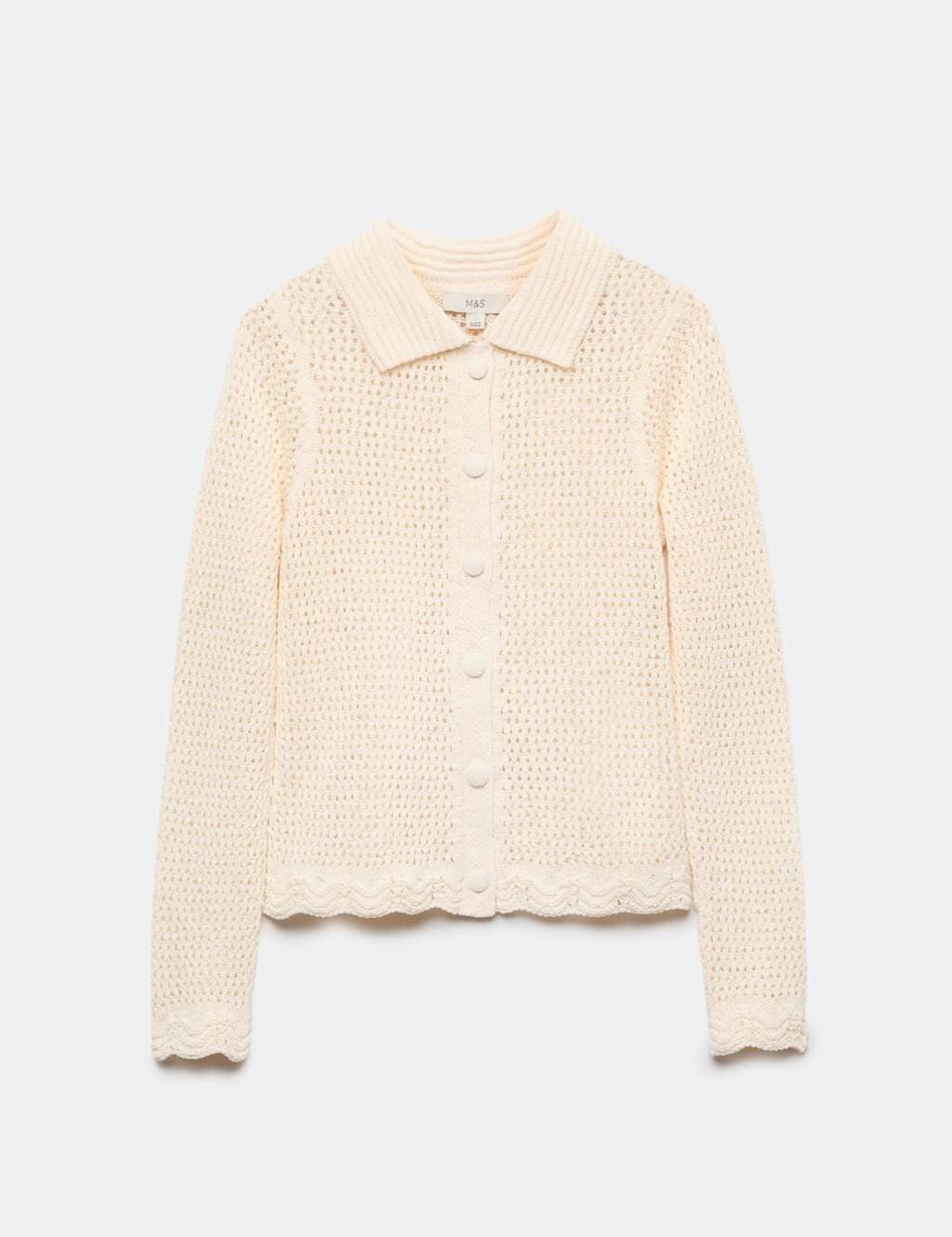 Marks & Spencer M&S Cotton Blend Crochet-Style Collared Cardigan Neutral