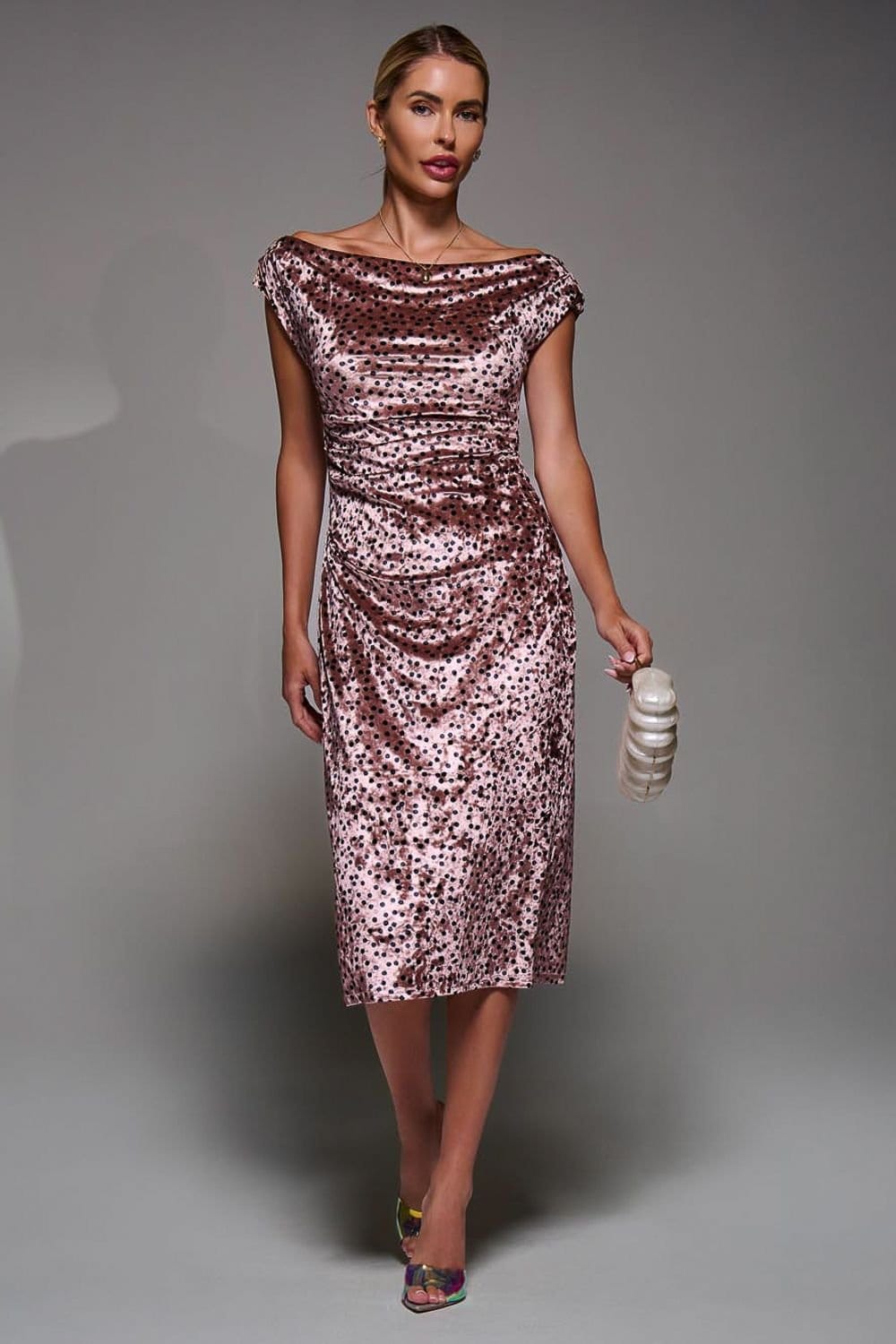 Jolie Moi Jolie Moi Women's Velvet Print Ruched Bodycon Dress in Pink - 4