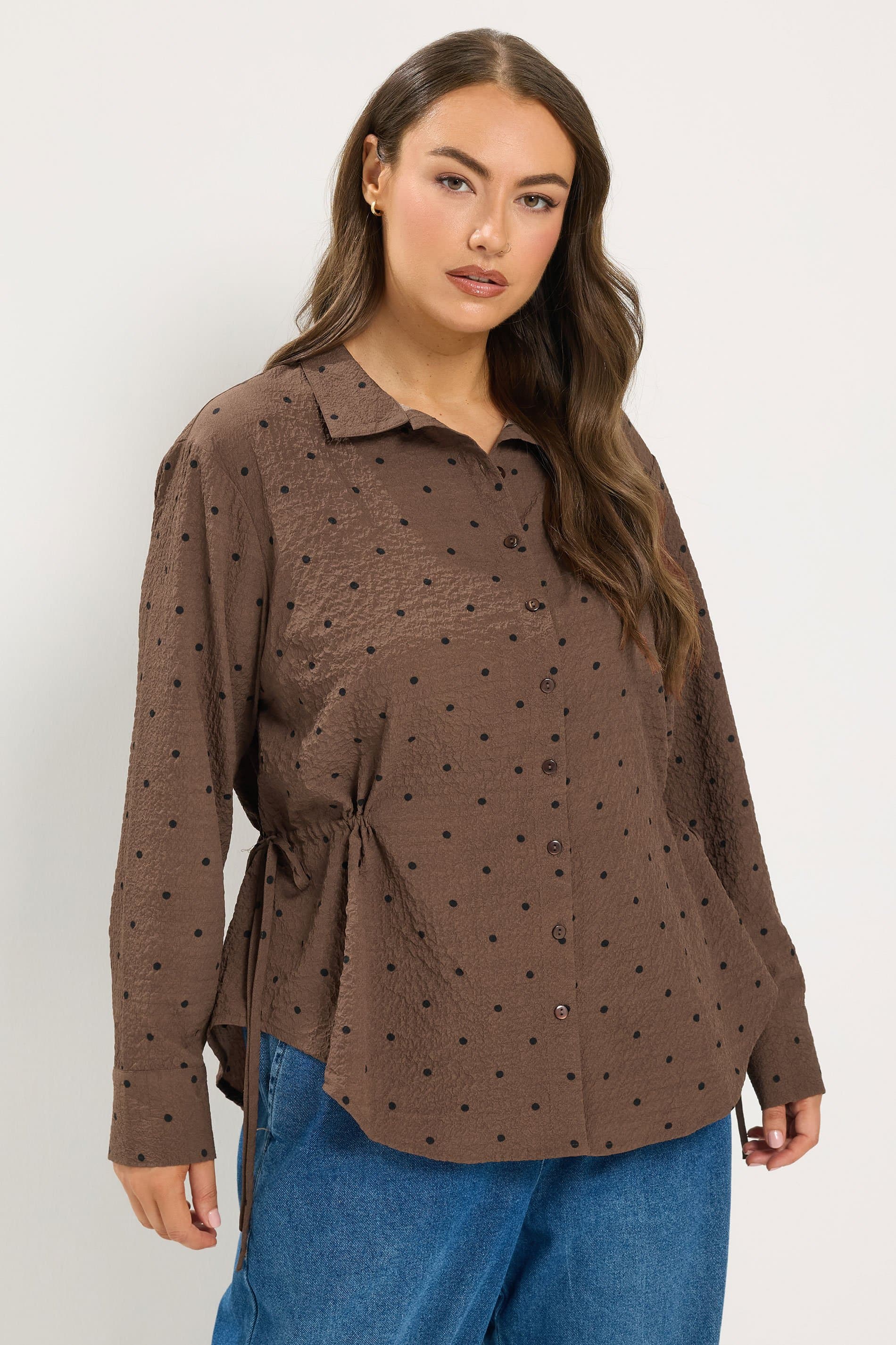 Yours Plus Size Brown Polka Dot Textured Shirt