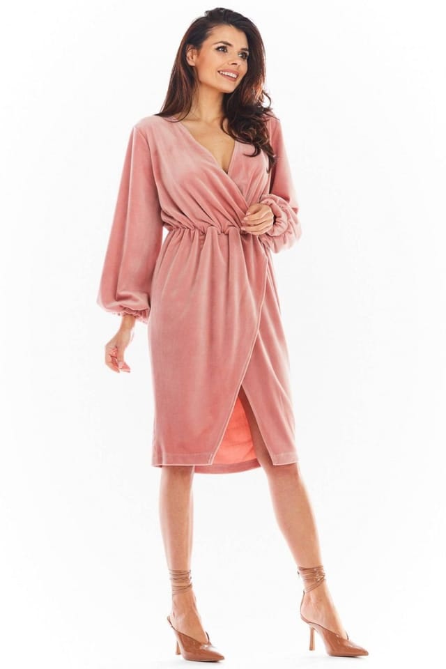 Love Lace Love Lace Women's Velour Envelope Neck Evening Dress With Cuffs in Pink - 2