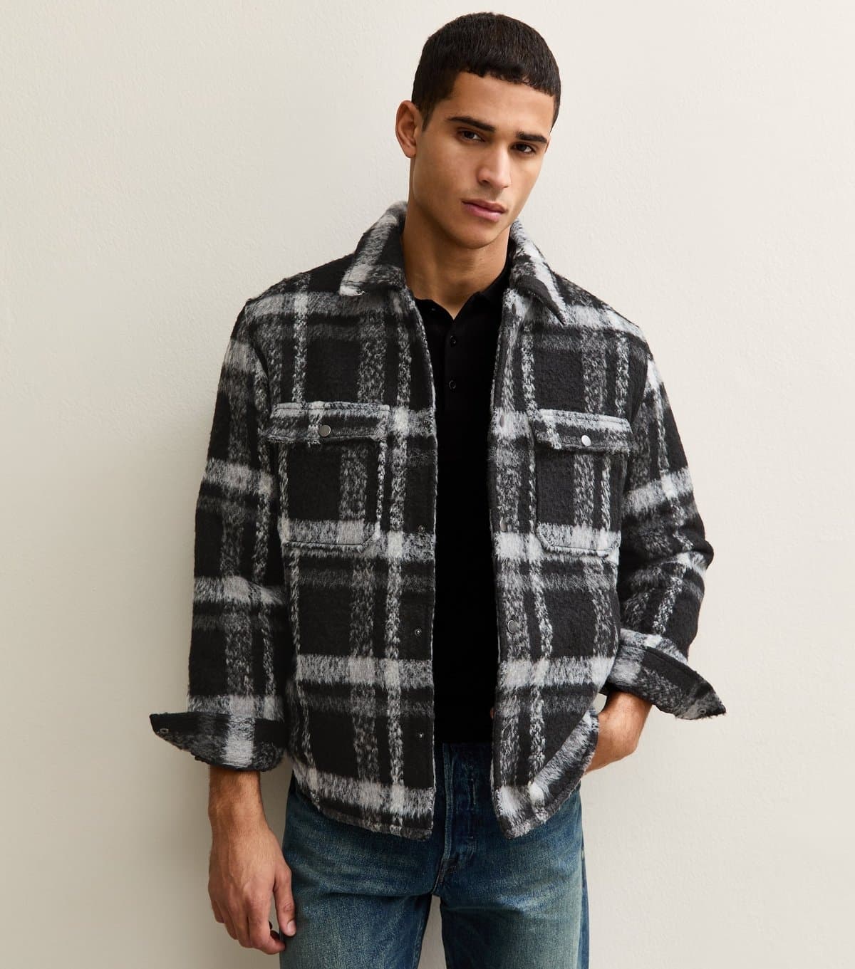 Only and Sons Men's Black Regular Check Shirt Jacket Only and Sons New Look